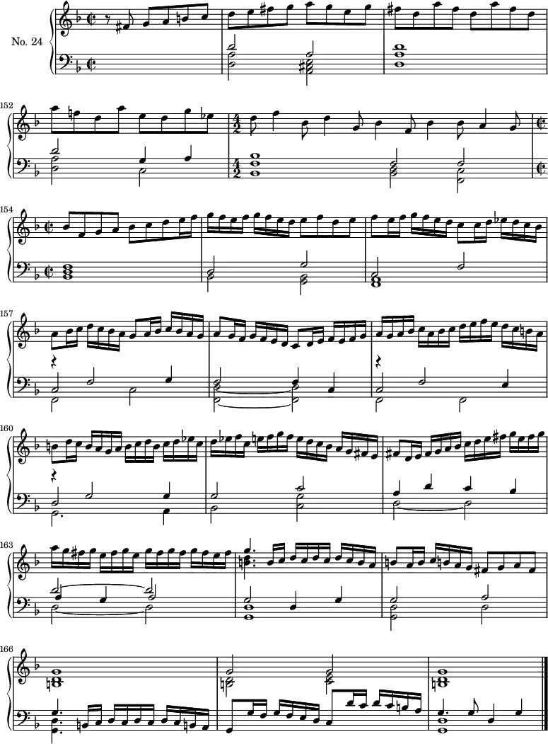 
\version "2.14.2"
\header {
  tagline = ##f
}
upper = \relative c' {
  \clef treble 
  \key f \major
  \time 2/2
  \tempo 2 = 76
  \set Score.currentBarNumber = #150
  \set Staff.midiInstrument = #"harpsichord"
  \partial 2. r8 fis8 g a b! c d e fis g a g e g | fis d a' fis  d a' fis d | a' f! d a' e d g ees
  d8 f4 bes,8 d4 g,8 bes4 f8 bes4 bes8 a4 g8 bes f g a bes c d e16 f
  g16[ f e f] g f e d e8 f d e f e16 | f g[ f e d] c8 c16 d ees[ d c bes] a8 bes16 c d[ c bes a] g8 a16 bes c[ bes a g] 
  a8 g16 f g[ f e d] c8 d16 e f[ e f g] | a[ g a bes] c a bes c d[ e f e] d c b! a 
  b!8 d16 c b[ a g a] b[ c d b] c[ d ees c] d[ ees f c] e![ f g f] e[ d c bes] a[ g fis e] 
  fis8 d16 e fis[ g a bes] c[ d e fis] g[ e fis g] | a[ g fis g] e[ fis g e] g[ fis g fis] g fis e fis]
  << { g4. b,16[ c] d[ c d c] d[ c b a] } \\ { < d b! >4. } >>
  b!8 a16 b c[ b! a g] fis8 g a fis 
  << { g1 g2 g2 g1 } \\ { < d b! >1 < d b! >2 < e c > < d b! >1 } >>
}
lower = \relative c {
  \clef bass
  \key f \major
  \time 2/2
  \set Staff.midiInstrument = #"harpsichord"
   s2.
   << { d'2 a2 } \\ { < a d, >2 < e a, cis >2 } >>
   << { d'1 } \\ { < a d, >1 } >>
   % ms 152
   << { d2 g,4 a } \\ { < a d, >2 c,2 } >>
  \time 4/2
   << { bes'1 f2 f } \\ { < f bes, >1 < d bes >2 < c f, >2 } >>
  \time 2/2
  << { f1 d2 g c,2 f  } \\ { < d bes >1 bes2 < bes g >2 < a f >1 } >>
  << { r4 f'2 g4 f2 f4 c } \\ { f,2 c' < d f, >2~ < d f, > } \\ { c2 } >>
  << { r4 f2 e4 } \\ { f,2 f }  \\ { c'2 } >>
  % Ms 160
  << { r4 g'2 g4 } \\ { g,2. a4 }  \\ { d2 } >>
  << { g2 c a4 d c bes } \\ { bes,2 < g' c, >2 d2~ d } >>
  << { d'2~ d } \\ { d,2~ d }  \\ { a'4 g a2 } >>
  % Ms 164
  << {   \tempo 2 = 70 g2 d4 g g2 a g4. b,!16 c d[ c d c] d[ c b! a] g8 g'16 f g[ f e d] c8 d'16 c d[ c b! a]  } \\ { < d, g, >1 < d g, >2 d2 < d g, >4. } >>
  << { \tempo 2 = 65 g4. g8 \tempo 2 = 50 d4 g } \\ { < d g, >1 } >>
  \bar "|." 
}
\score {
  \new PianoStaff <<
    \set PianoStaff.instrumentName = #"No. 24"
    \new Staff = "upper" \upper
    \new Staff = "lower" \lower
  >>
  \layout {
    \context {
      \Score
      \remove "Metronome_mark_engraver"
    }
  }
  \midi { }
}
