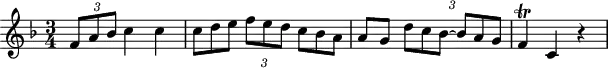 
\header {
  tagline = ##f
}
\score {
  \new Staff \with {
  }
<<
  \relative c' {
    \key f \major
    \time 3/4
    \override TupletBracket #'bracket-visibility = ##f 
    %\autoBeamOff
     %%%%%%%%%%%%%%%%%%%%%%%%%% K15m
     \times 2/3 { f8 a bes } c4 c \times 2/3 { c8 d e f e d c bes a } a8 g \times 2/3 { d'8 c bes~ bes a g } f4\trill c r4  
  }
>>
  \layout {
    \context {
      \remove "Metronome_mark_engraver"
    }
  }
  \midi {}
}
