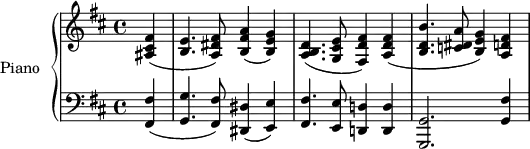 
\version "2.14.2"
\header {
  tagline = ##f
}
upper = \relative c' {
  \clef treble 
  \key d \major
  \time 4/4
  \tempo 4 = 68
  %\autoBeamOff
  \partial 4 < fis cis ais >4( < e b >4. < fis dis a >8) < a fis b, >4( < g e b >)
  < d b a >4.( < e cis g >8 < fis fis, d' >4) < fis d a >(
  < b b, d >4. < a dis, c! >8 < g e b >4) < fis d a >
}
lower = \relative c {
  \clef bass
  \key d \major
  \time 4/4
   \partial 4 < fis fis, >4( < g g, >4. < fis fis, >8) < dis dis, >4( < e e, >)
   < fis fis, >4. < e e, >8 < d! d,! >4 < d d, >
   < g, g, >2.  < fis' g, >4 
} 
\score {
  \new PianoStaff <<
    \set PianoStaff.instrumentName = #"Piano"
    \new Staff = "upper" \upper
    \new Staff = "lower" \lower
  >>
  \layout {
    \context {
      \Score
      \remove "Metronome_mark_engraver"
    }
  }
  \midi { }
}
