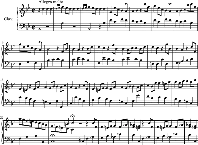 
\version "2.18.2"
\header {
  tagline = ##f
  % composer = "Domenico Scarlatti"
  % opus = "K. 473"
  % meter = "Allegro molto"
}
%% les petites notes
trillA       = { \tag #'print { a4\prall } \tag #'midi { bes32 a bes a~ a8 } }
upper = \relative c'' {
  \clef treble 
  \key bes \major
  \time 2/2
  \tempo 2 = 82
      s8*0^\markup{Allegro molto}
      r4 d4 d d | \repeat unfold 2 { \grace {   \tempo 2 = 52 d16 ees }   \tempo 2 = 82 f4 ees8 d d4 d } | g, ees'8  c bes4 \trillA
      % ms. 5
      a4 bes r4 bes'8 f | g4 ees8 c bes4  \trillA |a4 bes r8 a'8 bes f | g d ees c bes4 \trillA | bes2 r4 f8 bes |
      % ms. 10
      bes4 a r4 bes8 d | d4 c r4 f8 bes, | bes4 a8 c c4 bes8 d | d4 c r4 g'8 bes, | bes4 a r4 d8 f, |
      % ms. 15
      f4 e r4 f8 a | a4 g8 bes bes4 a8 c | a4 g r4 c8 f, | f4 e8 g g4 f8 a | a4 g8 bes bes4 a8 c |
      % ms. 20
      c4 bes8 f' f4 e8 g | g4 f8 a a4 g8 bes | a g f e d c bes a | << { \mergeDifferentlyDottedOn g4. b8 c2\fermata } \\ { g8 f e d c2 } >>
      % ms. 24
      r2 \repeat unfold 2 { r4 c'8 f, | f4 e8 g g4 f8 aes | < f aes >4 < e g > }
      % ms. 29
      % ms. 34
      % ms. 38
}
lower = \relative c' {
  \clef bass
  \key bes \major
  \time 2/2
    % ************************************** \appoggiatura a16  \repeat unfold 2 {  } \times 2/3 { }   \omit TupletNumber 
      bes,2 r2 | bes'2 r2 | bes,2 r4 bes'4 | \repeat unfold 2 { ees c f ees |
      % ms. 5
      d4 c d bes } | ees,4 g f f, | bes' c d bes |
      % ms. 10
      c ees d bes | f ees' d bes | c ees d bes | e, e c' e, | << { f4 a } \\ { f2  } >> bes4 d |
      % ms. 15
      c4 bes a f | e c f f, | c' c' a f | g bes a f | e c f ees' |
      % ms. 20
      d4 bes c bes | a f e c | f a bes bes, c1\fermata |
      % ms. 24
      r4 \repeat unfold 2 { c4 f aes | g bes aes des c } c,4 
      % ms. 29
      % ms. 34
      % ms. 38
}
thePianoStaff = \new PianoStaff <<
    \set PianoStaff.instrumentName = #"Clav."
    \new Staff = "upper" \upper
    \new Staff = "lower" \lower
  >>
\score {
  \keepWithTag #'print \thePianoStaff
  \layout {
      #(layout-set-staff-size 17)
    \context {
      \Score
     \override TupletBracket.bracket-visibility = ##f
     \override SpacingSpanner.common-shortest-duration = #(ly:make-moment 1/2)
      \remove "Metronome_mark_engraver"
    }
  }
}
\score {
  \keepWithTag #'midi \thePianoStaff
  \midi { \set Staff.midiInstrument = #"harpsichord" }
}
