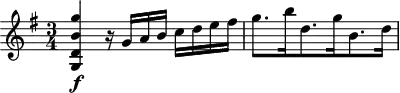 
\header {
  tagline = ##f
}
\score {
  \new Staff \with {
  }
<<
  \relative c'' {
    \key g \major
    \time 3/4
    \override TupletBracket #'bracket-visibility = ##f 
    \autoBeamOff
     %%%%%%%%%%%%%%%%%%%%%%%%%% K41
     < g' b, d, g, >4\f r16 g,16[ a b] c16[ d e fis] g8.[ b16 d,8. g16 b,8. d16]
  }
>>
  \layout {
    \context {
      \remove "Metronome_mark_engraver"
    }
  }
  \midi {}
}
