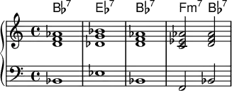 <<
    \new ChordNames \chordmode {
  bes1:7 ees:7 bes:7 f2:m7 bes2:7
}
     \new PianoStaff <<   \new Staff \relative c'{
< d f aes>1 <des g bes > < d f aes> <c ees aes >2 <d f aes > }
\new Staff { \clef bass bes,1 ees1 bes,1 f,2 bes,2 }>>
  >>