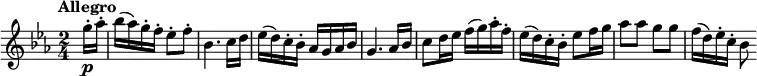 
\version "2.14.2"
 \relative c'' {
         \clef "treble" 
         \tempo "Allegro"
         \key ees \major
         \time 2/4 
         \tempo 4 = 160
     \partial 4 \partial 8   g'16-.\p aes-.
     bes (aes) g-. f-. ees8-. f-.
     bes,4. c16 d
     ees (d) c-. bes-. aes g aes bes
     g4. aes16 bes
     c8 d16 ees f (g) aes-. f-.
     ees (d) c-. bes-. ees8 f16 g
     aes8 aes g g
     f16 (d) ees-. c-. bes8
 }
