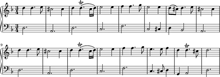 \version "2.18.2"
\new PianoStaff <<
\new Staff {
\key d \minor \time 3/4
d''4 d''4. e''8   cis''2 cis''4
d''4 d''4.\trill\( c''16 d''\)  e''2 e''4
f''4 f''4. g''8  e''2 e''4
d''8\( cis''\) d''4. e''8  cis''2 cis''4
d''4 d''4. e''8   cis''2 cis''4
d''4 d''4.\trill\( c''16 d''\)  e''2 e''4
f''4 f''4. g''8  e''4. e''8 f''4
d''4 d''4.\trill cis''8 d''2.
}
\new Staff {
\clef bass \key d \minor \time 3/4
d2.  a,  d  c  f  c2 cis4  d4 b,2  a,2.
d2.  a,  d  c  f  c4. cis8 d4  g,4 a,2
d2.
}
>> 