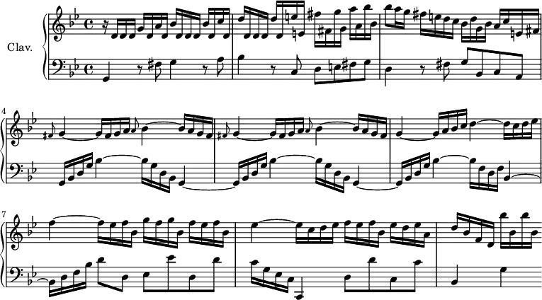 
\version "2.18.2"
\header {
  tagline=##f
}
upper=\relative c' {
  \clef treble 
  \key g \minor
  \time 4/4
  \tempo 4=104
  \tempo "Allegro"
  \set Staff.midiInstrument=#"harpsichord"
  r16 d16 d d g d a' d, bes' d, d d bes' d, c' d,|d' d, d d d' d, e' e, fis' fis, g' g, a' a, bes' bes, bes'8 a16 g fis e d c
  bes16 d g, bes a c e, fis|\repeat unfold 2 { \grace fis8 g4~ g16 fis g a \grace a8 bes4~ bes16 a g fis }|
  g4~ g16 a bes c d4~ d16 c d ees f4~ f16 ees f bes, g' f g bes, f' ees f bes,|ees4~ ees16 c d ees f ees f bes, ees d ees a,|d16 bes f d bes''16 bes, bes' bes,
}
lower=\relative c' {
  \clef bass
  \key g \minor
  \time 4/4
  \set Staff.midiInstrument=#"harpsichord"
   g,4 r8 fis'8 g4 r8 a8|bes4 r8 c,8 d e fis g|d4 r8 fis8|g bes, c a|\repeat unfold 2 { g16 bes d g bes4~ bes16 g d bes g4~ }|g16 bes d g bes4~ bes16 f d f bes,4~ bes16 d f bes d8 d, ees ees' d, d'|c16 g ees c c,4 d'8 d' c, c' bes,4 g'
}
\score {
  \new PianoStaff <<
    \set PianoStaff.instrumentName=#"Clav."
    \new Staff="upper" \upper
    \new Staff="lower" \lower
  >>
  \layout {
    #(layout-set-staff-size 18)
    \context {
      \Score
      \override SpacingSpanner.common-shortest-duration=#(ly:make-moment 1/2)
      \remove "Metronome_mark_engraver"
    }
  }
  \midi { }
}
