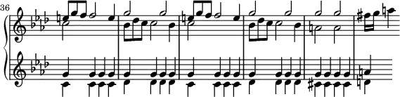 
\version "2.18.2"
\header {
  tagline = ##f
  % composer = "Domenico Scarlatti"
  % opus = "K. 144"
  % meter = "Cantabile"
}
upper = \relative c'' {
  \clef treble 
  \key f \minor
  \time 2/2
  \tempo 4 = 90
  \set Staff.midiInstrument = #"harpsichord"
  \override TupletBracket.bracket-visibility = ##f
\omit Staff.TimeSignature
    \bar ""
      << { \repeat unfold 2 { \omit TupletNumber \times 2/3 { e8 g f } f2 e4 | g2 g } | g g } \\ { \repeat unfold 2 { c,2 s2 | \omit TupletNumber \times 2/3 { bes8 des c } c2 bes4 } | a2 a  } >> fis'16 g a4
}
lower = \relative c' {
  \clef treble 
  \key f \minor
  \time 2/2
  \set Staff.midiInstrument = #"harpsichord"
  \override TupletBracket.bracket-visibility = ##f
  \set Score.currentBarNumber = #36
\omit Staff.TimeSignature
    % ************************************** \appoggiatura a16  \repeat unfold 2 {  } \times 2/3 { }   \omit TupletNumber 
      << { \repeat unfold 20 { g' } a } \\ { \repeat unfold 2 { c,4 c c c | des des des des } | cis4 cis cis cis | d } >>
}
thePianoStaff = \new PianoStaff <<
    \set PianoStaff.instrumentName = #""
    \new Staff = "upper" \upper
    \new Staff = "lower" \lower
  >>
\score {
  \keepWithTag #'print \thePianoStaff
  \layout {
    indent = #0
      #(layout-set-staff-size 17)
    \context {
      \Score
     \override SpacingSpanner.common-shortest-duration = #(ly:make-moment 1/2)
      \remove "Metronome_mark_engraver"
    }
  }
}
\score {
  \keepWithTag #'midi \thePianoStaff
  \midi { }
}
