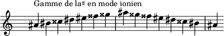 
\relative c'' { 
  \clef treble \time 7/4 \hide Staff.TimeSignature ais4^\markup { Gamme de la♯ en mode ionien } bis cisis dis eis fisis gisis ais gisis fisis eis dis cisis bis ais
}
