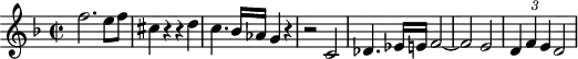 
\header {
  tagline = ##f
}
\score {
  \new Staff \with {
  }
<<
  \relative c'' {
    \key f \major
    \time 2/2
    \tempo 2 = 70
    \override TupletBracket #'bracket-visibility = ##f 
    %\autoBeamOff
    \set Staff.midiInstrument = #"string ensemble 1"
     %%%%%%%%%%%%%%%%%%%%%%%%%% AB 3-1 th3
     f2. e8 f cis4 r4 r4 d4 c4. bes16 aes g4 r4 r2 c,2 des4. ees16 e f2~f e2 \times 2/3 { d4 f e} d2
  }
>>
  \layout {
    \context { \Score \remove "Metronome_mark_engraver"
 \override SpacingSpanner.common-shortest-duration = #(ly:make-moment 1/2)
    }
  }
  \midi {}
}
