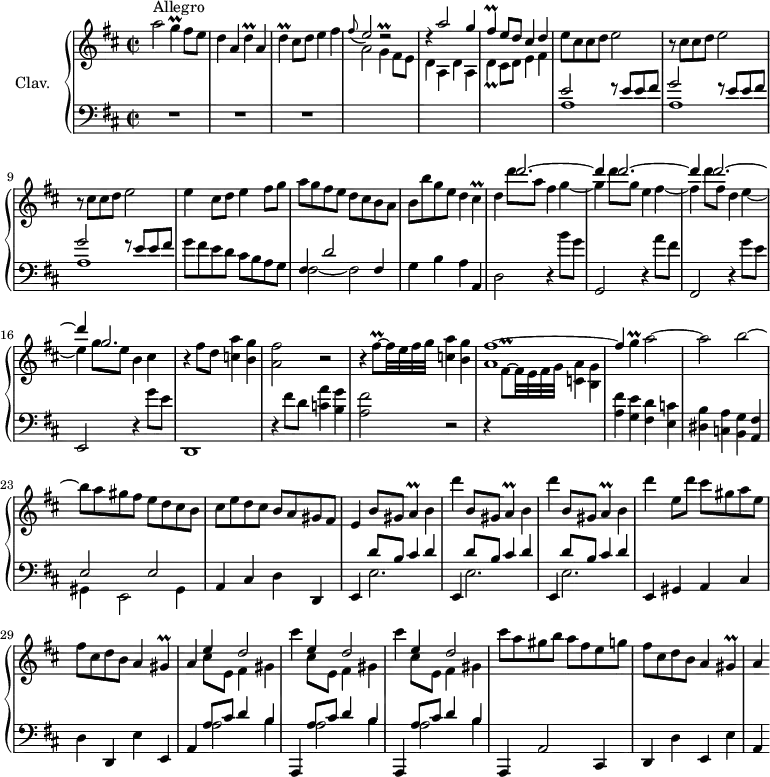 
\version "2.18.2"
\header {
  tagline = ##f
  % composer = "Domenico Scarlatti"
  % opus = "K. 509"
  % meter = "Allegro"
}
%% les petites notes
trillD       = { \tag #'print { d4\prall } \tag #'midi { e32 d e d~ d8 } }
trillDdw     = { \tag #'print { d4_\prall } \tag #'midi { e32 d e d~ d8 } }
trillG       = { \tag #'print { g4\prall } \tag #'midi { a32 g a g~ g8 } }
trillGUp     = { \tag #'print { g'4\prall } \tag #'midi { a32 g a g~ g8 } }
trillFis     = { \tag #'print { fis4\prall } \tag #'midi { g32 fis g fis~ fis8 } }
trillCis     = { \tag #'print { cis4\prall } \tag #'midi { d32 cis d cis~ cis8 } }
trillFisqUp  = { \tag #'print { fis'8\prall~ } \tag #'midi { g32 fis g fis~ } }
trillA       = { \tag #'print { a4\prall } \tag #'midi { b32 a b a~ a8 } }
trillGis     = { \tag #'print { gis4\prall } \tag #'midi { a32 gis a gis~ gis8 } }
upper = \relative c'' {
  \clef treble 
  \key d \major
  \time 2/2
  \tempo 2 = 72
  \set Staff.midiInstrument = #"harpsichord"
      s8*0^\markup{Allegro}
      a'2 \trillG fis8 e | d4 a \trillD a | \trillD cis8 d e4 fis | \appoggiatura fis8 \stemUp e2 r2 | r4 a2 g4 	\stemUp |
      % ms. 6
      \trillFis e8 d cis4 d \stemNeutral | e8 cis cis d e2 | \repeat unfold 2 { r8 cis8 cis d e2 } |
      % ms. 10
      e4 cis8 d e4 fis8 g | a g fis e d cis b a | b b' g e d4 \trillCis | d4 
      % ms. 13 suite
      << { d'2.~ | d4 d2.~ | d4 d2.~ d4 | g,2. } 
      \\ { d'8 a fis4 g4~ | g d'8 g, e4 fis~ | fis d'8 fis, d4 e~ | e g8 e b4 cis } >> |
      r4 fis8 d < c a' >4 < b g' > | < a fis' >2 r2 |
      % ms. 19
      r4 \trillFisqUp fis32 e fis g < c, a' >4 < b g' > | << { fis'1~ | fis4 } \\ { a,1 } >> \trillGUp a2~ | a b~ |
      % ms. 23
      b8 a gis fis e d cis b | cis e d cis b a gis fis | e4 b'8 gis \trillA  b4 | \repeat unfold 2 { d' b,8 gis \trillA b4 } |
      % ms. 28
      d'4 e,8 d' cis gis a e | fis cis d b a4 \trillGis  | a4 << { e'4 d2 } \\ { cis8 e, fis4 gis } >>
      \repeat unfold 2 { cis'4 << { e,4 d2 } \\ { cis8 e, fis4 gis } >> } 
      % ms. 33
      cis'8 a gis b a fis e g  | fis cis d b a4 \trillGis | a4
}
lower = \relative c' {
  \clef bass
  \key d \major
  \time 2/2
  \set Staff.midiInstrument = #"harpsichord"
    % ************************************** \appoggiatura a16  \repeat unfold 2 {  } \times 2/3 { }   \omit TupletNumber 
      R1*3 | \stemDown \change Staff = "upper"  a'2 \trillG fis8 e | d4 a d4 a |
      % ms. 6
      \trillDdw cis8 d e4 fis | \stemNeutral \change Staff = "lower" | << { e2 r8 e8 e fis | \repeat unfold 2 { g2  r8 e8 e fis } } \\ { a,1 a a } >> 
      % ms. 10
      g'8 fis e d cis b a g | << { fis4 d'2 fis,4 } \\ { fis2~ fis } >> g4 b a a, | d2 r4 b''8 g |
      % ms. 14
      g,,2  r4 a''8 fis | fis,,2 r4 g''8 e | e,,2 r4 g''8 e | d,,1 | r4 fis''8 d < c a' >4 < b g' >
      % ms. 19
      < a fis' >2 r2 | r4 \stemDown \change Staff = "upper" fis'8\prall~ fis32 e fis g < c, a' >4 < b g' > \stemNeutral \change Staff = "lower" | < a fis' > < g e' > < fis d' > < e c'  > | < dis b' > < c a' > < b g' > < a fis' > |
      % ms. 23
      << { e'2 e } \\ { gis,4 e2 gis4 } >> | a4 cis d d, |  \repeat unfold 3 { e << { d''8 b cis4 d } \\ { e,2. } >> }
      % ms. 28
      e,4 gis a cis | d d, e' e, | a << { a'8 cis d4 b } \\ { a2 b4 } >> | \repeat unfold 2 { a,,4  << { a''8 cis d4 b } \\ { a2 b4 } >> }
      % ms. 33
      a,,4 a'2 cis,4 | d d' e, e' | a, 
}
thePianoStaff = \new PianoStaff <<
    \set PianoStaff.instrumentName = #"Clav."
    \new Staff = "upper" \upper
    \new Staff = "lower" \lower
  >>
\score {
  \keepWithTag #'print \thePianoStaff
  \layout {
      #(layout-set-staff-size 17)
    \context {
      \Score
     \override TupletBracket.bracket-visibility = ##f
     \override SpacingSpanner.common-shortest-duration = #(ly:make-moment 1/2)
      \remove "Metronome_mark_engraver"
    }
  }
}
\score {
  \keepWithTag #'midi \thePianoStaff
  \midi { }
}
