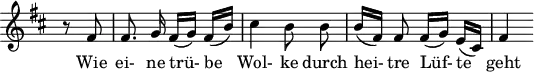 
\header {
  \version "2.16.2"
  tagline = ##f
}
\score {
  \new Staff \with {
    \remove "Time_signature_engraver"
  }
<<
  \relative c' {
    \key b \minor
    \time 2/4
    \set Score.currentBarNumber = #6
    \override TupletBracket #'bracket-visibility = ##f
    \autoBeamOff
     %%%%%%%%%%%%%%%%%%%%%%%%%% no 12 Einsamkeit
     \partial 4 r8 fis8 | fis8. g16 fis[( g)] fis[( b)] | cis4 b8 b | b16[( fis)] fis8 fis16[( g)] e[( cis)] |
     fis4
  }
  \addlyrics {
    Wie ei- ne trü- be_ Wol- ke durch hei- tre Lüf- te_ geht
  }
>>
  \layout {
    \context {
      \remove "Metronome_mark_engraver"
    }
  }
  \midi {}
}
