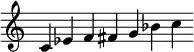 
\new staff \relative c'  {\time 9/4 \override Score.BarLine.stencil = ##f \override Score.TimeSignature.stencil = ##f c ees f fis g bes c}
 