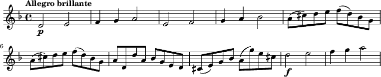 
 \relative c' {
     \version "2.18.2"
     \key f \major
     \tempo "Allegro brillante"
     \time 4/4
   d2\p e
   f4 g a2
   e f
   g4 a bes2
   a8 (cis) d e f (d) bes g
   a (cis) d e f (d) bes g
   a d, d' a bes g e d
   cis (e) g bes a (g') e cis
    d2\f e
   f4 g a2
  } 
