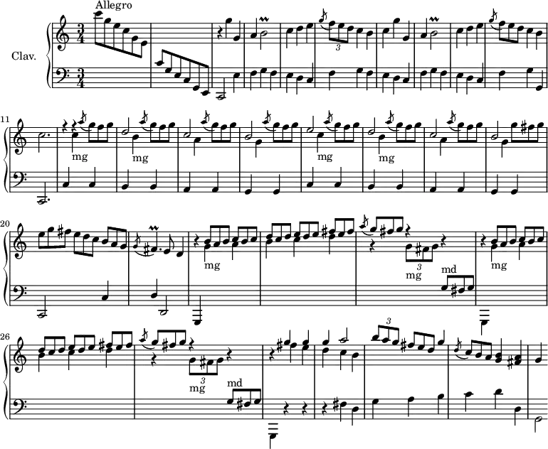 
\version "2.18.2"
\header {
  tagline = ##f
  % composer = "Domenico Scarlatti"
  % opus = "K. 515"
  % meter = "Allegro"
}
%% les petites notes
trillBesb     = { \tag #'print { b2\prall } \tag #'midi { c32 b c b~ b8~ b4 } }
trillFisp     = { \tag #'print { fis4.\prall } \tag #'midi { g32 fis g fis~ fis4 } }
upper = \relative c'' {
  \clef treble 
  \key c \major
  \time 3/4
  \tempo 4 = 186
  \set Staff.midiInstrument = #"harpsichord"
  \override TupletBracket.bracket-visibility = ##f
      s8*0^\markup{Allegro}
      c'8 g e c g e | s2. | r4 g'4 g, | a \trillBesb | c4 d e |
      % ms. 6
      \acciaccatura g8 \times 2/3 { f8 e d } c4 b | c g' g, a \trillBesb | c4 d e | \omit TupletNumber \acciaccatura g8 \times 2/3 { f8 e d } c4 b | c2.
      % ms. 12
      f4\rest f4\rest  \acciaccatura a8 \times 2/3 { g8 f g } | \stemUp d2 \acciaccatura a'8 \stemDown \times 2/3 { g8 f g } | \stemUp c,2 \acciaccatura a'8 \stemDown \times 2/3 { g8 f g } | \stemUp b,2 \acciaccatura a'8 \stemDown \times 2/3 { g8 f g } | \stemUp e2 \acciaccatura a8 \stemDown \times 2/3 { g8 f g } | \stemUp
      % ms. 17
       d2 \acciaccatura a'8 \stemDown \times 2/3 { g8 f g } | \stemUp c,2 \acciaccatura a'8 \stemDown \times 2/3 { g8 f g } | \stemUp b,2 \stemNeutral \times 2/3 { g'8 fis g } | \times 2/3 { e8 g fis } \times 2/3 { e8 d c } \times 2/3 { b8 a g } \acciaccatura g8 \trillFisp e8 d4 | \stemUp 
      % ms. 22 
      \repeat unfold 2 { r4 \times 2/3 { b'8 a b } \times 2/3 { c b c }  |  \times 2/3 { d c d } \times 2/3 { e d e } \times 2/3 { fis e fis }  |  \acciaccatura a8 \times 2/3 { g8 fis g } f4\rest \stemUp \change Staff = "lower" \times 2/3 { g,,8^\markup{md} fis g } \change Staff = "upper" }  |  b'4\rest << { g'4 g g a2 |
      % ms. 26
      \times 2/3 { b8 a g } } \\ { fis4 | e d c | b } >> \times 2/3 { fis'8 e d } g4  \acciaccatura d8 \times 2/3 { c8 b a } < g b >4 < fis a > | g4
}
lower = \relative c' {
  \clef bass
  \key c \major
  \time 3/4
  \set Staff.midiInstrument = #"harpsichord"
  \override TupletBracket.bracket-visibility = ##f
    % ************************************** \repeat unfold 2 {  }  \appoggiatura a8  \times 2/3 { }   \omit TupletNumber 
      s2. | c8 g e c g e | c2 e'4 | \repeat unfold 3 { f g f | e d c } |
      % ms. 10
      f4 g g, | c,2. |
      % ms. 12
      \repeat unfold 2 { c'4 \stemDown \change Staff = "upper" c''-\markup{mg} \stemUp \change Staff = "lower" c,, | b \stemDown \change Staff = "upper" b''-\markup{mg} \stemUp \change Staff = "lower" b,, | a \stemDown \change Staff = "upper" a'' \stemUp \change Staff = "lower" a,, | g \stemDown \change Staff = "upper" g'' \stemUp \change Staff = "lower" g,, } | c,2 c'4 | d d,2 |
      % ms. 22
      \repeat unfold 2 { g,4 \stemDown \change Staff = "upper" g'''4-\markup{mg} a | b c d | r4 \times 2/3 { g,8-\markup{mg} fis g  } r4 \change Staff = "lower" } | 
      % ms. 22
      g,,,4 r4 r4 | r4 fis''4 d | g a b | c d d, | g,2*1/2
}
thePianoStaff = \new PianoStaff <<
    \set PianoStaff.instrumentName = #"Clav."
    \new Staff = "upper" \upper
    \new Staff = "lower" \lower
  >>
\score {
  \keepWithTag #'print \thePianoStaff
  \layout {
      #(layout-set-staff-size 17)
    \context {
      \Score
     \override SpacingSpanner.common-shortest-duration = #(ly:make-moment 1/2)
      \remove "Metronome_mark_engraver"
    }
  }
}
\score {
  \keepWithTag #'midi \thePianoStaff
  \midi { }
}
