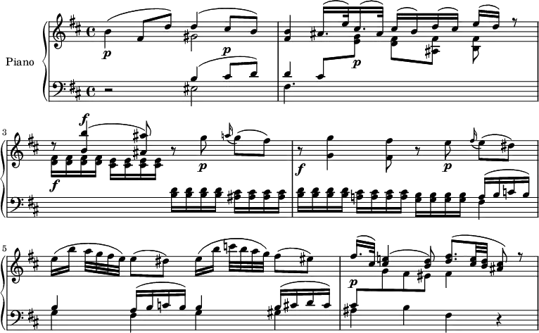 
\version "2.14.2"
\header {
  tagline = ##f
}
upper = \relative c'' {
  \clef treble 
  \key b \minor
  \time 4/4
  \tempo 4 = 44
  \tempo "Adagio"
  %\autoBeamOff
   b4(\p fis8 d') 
   << { d4( cis8 b) } \\ { gis2 } >>
   << { < b fis >4 \stemUp ais16.^( e'32) cis16.^( ais32) cis16^( b) d^( cis) e^( d) r8 } 
   \\ 
      { \change Staff = "lower" \stemUp d,4) cis8  \change Staff = "upper" \stemDown < g' e >8]\p % voix du dessous
   \stemDown < fis d >[  < fis ais, >] < fis b, >  } 
   >>
   \stemUp r8 < b' b, >4^\f^( < ais ais, >8) r8
   \stemDown g8\p \grace a16( g8)[^( fis)] 
   r8\f <g g, >4 < fis fis, >8 r8 \stemDown e8\p \grace fis16(e8)[^( dis)]
   e16([ b'] a32 g fis e) e8( dis) e16([ b'] c!32 b a g) fis8( eis) 
   << { fis16.\p( cis32) < e! cis >4( < d b >8) < fis d >8.^( < e cis >32 < d b > < cis ais >8) r8 } 
   \\ 
      { \change Staff = "lower" \stemUp cis,8 \change Staff = "upper" \stemDown g'8 fis eis fis4 } % voix du dessous
   >>
}
lower = \relative c {
  \clef bass
  \key b \minor
  \time 4/4
   r2 << { b'4( cis8^\p d) } \\ { eis,2 } >>
   fis4. 
   s2 s8 % la voix est au dessus
   \change Staff = "upper" \stemDown
   < fis' d >16\f \repeat unfold 3 { < fis d >16 }
   \repeat unfold 4 { < e cis >16 }
   \change Staff = "lower"
   \repeat unfold 4 { < d b >16 }
   \repeat unfold 4 { < cis ais >16 }
   \repeat unfold 4 { < d b >16 }
   < cis a! >16 \repeat unfold 3 { < cis a >16 }
   \repeat unfold 4 { < b g >16 }
   \repeat unfold 2 { << { a16^( b c b) b4 } \\ { fis4 g } >> }
   << { b16^( cis d cis) } \\ { gis4 } >>
   ais4 b fis r4
} 
\score {
  \new PianoStaff <<
    \set PianoStaff.instrumentName = #"Piano"
    \new Staff = "upper" \upper
    \new Staff = "lower" \lower
  >>
  \layout {
    \context {
      \Score
      \remove "Metronome_mark_engraver"
    }
  }
  \midi { }
}
