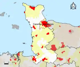 Localisation de l'aire d'attraction de Carentan-les-Marais dans le département de la Manche.