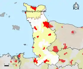 Localisation de l'aire d'attraction de Cherbourg-en-Cotentin dans le département de la Manche.