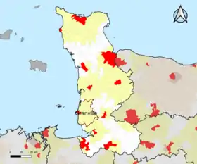 Localisation de l'aire d'attraction de Granville dans le département de la Manche.