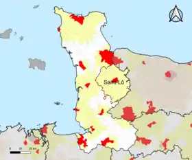 Localisation de l'aire d'attraction de Saint-Lô dans le département de la Manche.