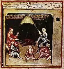 Enluminure représentant une veillée familiale, dans le Tacuinum sanitatis.