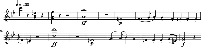 
 \version "2.18.2"
 \relative c'' {
  \key bes \major
  \time 2/2
  \tempo 4 = 200
  \omit Staff.TimeSignature
  \set Score.currentBarNumber = #80
   d'4 r <g,, bes e> r
   <f a f'> r r2
   <a a'>1\ff R1
   e1 \p
   f4. (g8 a4-.) g-.
   f-. e-. f-. e-.
  \grace g8 (f4-.) e-. r2
  <d' d'>1\ff R1
  fis,1\p
  g4. (a8 bes4-.) g-.
  f!-. f-. f-. g8 (e) <a f>2\f r4
}
