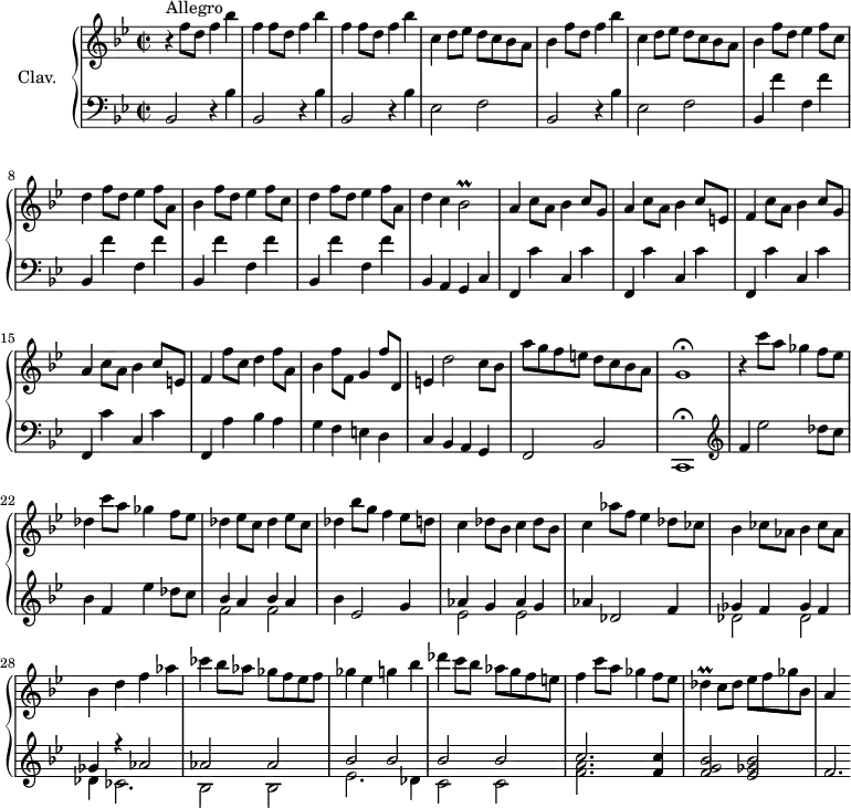 
\version "2.18.2"
\header {
  tagline = ##f
  % composer = "Domenico Scarlatti"
  % opus = "K. 441"
  % meter = "Allegro"
}
%% les petites notes
trillBesb     = { \tag #'print { bes2\prall } \tag #'midi { c32 bes c bes~ bes8~ bes4 } }
trillDes      = { \tag #'print { des4\prall } \tag #'midi { ees32 des ees des~ des8 } }
upper = \relative c'' {
  \clef treble 
  \key bes \major
  \time 2/2
  \tempo 2 = 92
  \set Staff.midiInstrument = #"harpsichord"
  \override TupletBracket.bracket-visibility = ##f
      s8*0^\markup{Allegro}
      r4 f8 d f4 bes | \repeat unfold 2 { f f8 d f4 bes } | c,4 d8 ees d c bes a | bes4 f'8 d f4 bes |
      % ms. 6
      c,4 d8 ees d c bes a | \repeat unfold 2 { bes4 f'8 d ees4 f8 c | d4 f8 d ees4 f8 a, } |
      % ms. 11
      d4 c \trillBesb | a4 c8 a bes4 c8 g | a4 c8 a bes4 c8 e, | f4 c'8 a bes4 c8 g | a4 c8 a bes4 c8 e, |
      % ms. 16
      f4 f'8 c d4 f8 a, | bes4 f'8 f, g4 f'8 d, | e4 d'2 c8 bes | a' g f e d c bes a | g1\fermata
      % ms. 21
      r4 \repeat unfold 2 { c'8 a ges4 f8 ees | des4 } \repeat unfold 2 { ees8 c des4 } bes'8 g f4 ees8 d | c4 \repeat unfold 2 { des8 bes c4 }
      % ms. 26 suite
      aes'8 f ees4 des8 ces | \repeat unfold 2 { bes4 ces8 aes } | bes4 d f aes | ces bes8 aes ges f ees f | ges4 ees g bes |
      % ms. 31
      des4 c8 bes aes g f e | f4 c'8 a ges4 f8 ees | \trillDes c8 des ees f ges bes, | a4 s8
}
lower = \relative c' {
  \clef bass
  \key bes \major
  \time 2/2
  \set Staff.midiInstrument = #"harpsichord"
  \override TupletBracket.bracket-visibility = ##f
    % ************************************** \appoggiatura a16  \repeat unfold 2 {  } \times 2/3 { }   \omit TupletNumber 
      \repeat unfold 3 { bes,2 r4 bes'4 } ees,2 f | bes, r4 bes'4 |
      % ms. 6
      ees,2 f | \repeat unfold 4 { bes,4 f'' f, f' }
      % ms. 11
      bes,,4 a g c | \repeat unfold 4 { f, c'' c, c' }
      % ms. 16
      f,,4 a' bes a | g f e d | c bes a g | f2 bes | c,1\fermata   \clef treble 
      % ms. 21
      f''4 ees'2 des8 c | bes4 f ees' des8 c  | << { bes4 a bes a } \\ { f2 f } >> bes4 ees,2 g4 | << { aes4 g aes g } \\ { ees2 ees } >>
      % ms. 26
      aes4 des,2 f4 | << { ges4 f ges f | ges r4 aes2 | aes aes | bes bes } \\ { des,2 des | des4 ces2. | bes2 bes | ees2. des4 } >>
      % ms. 31
      << { bes'2 bes | c2. } \\ { c,2 c | < f a >2. } >> < f c' >4 | < f g bes >2 < ees ges bes > | f2.*1/2
}
thePianoStaff = \new PianoStaff <<
    \set PianoStaff.instrumentName = #"Clav."
    \new Staff = "upper" \upper
    \new Staff = "lower" \lower
  >>
\score {
  \keepWithTag #'print \thePianoStaff
  \layout {
      #(layout-set-staff-size 17)
    \context {
      \Score
     \override SpacingSpanner.common-shortest-duration = #(ly:make-moment 1/2)
      \remove "Metronome_mark_engraver"
    }
  }
}
\score {
  \keepWithTag #'midi \thePianoStaff
  \midi { }
}
