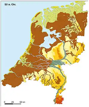 La région des Pays-Bas vers l'an 50 ap. J.C.