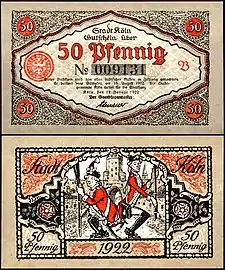 Un billet à Cologne en 1922 représentant deux membres du carnaval Rote Funken exécutant la danse traditionnelle Stippeföttche. Réalisation de Konrad Adenauer, le futur chancelier.