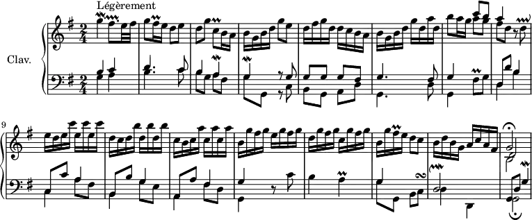 
\version "2.18.2"
\header {
  tagline = ##f
  % composer = "Joseph-Hector Fiocco"
  % opus = "opus 1"
  % meter = "Légèrement"
}
%% les petites notes
mordGUp     = { \tag #'print { g'4\mordent } \tag #'midi { g32 fis g16~ g8 } }
mordG       = { \tag #'print { g4\mordent } \tag #'midi { g32 fis g16~ g8 } }
mordA       = { \tag #'print { a4\mordent } \tag #'midi { a32 g a16~ a8 } }
mordDb      = { \tag #'print { d2\upmordent } \tag #'midi { d32 e d e~ e8~ e4 } }
mordFisqp   = { \tag #'print { fis8.\downprall } \tag #'midi { g32 fis g fis g fis } }
trillFisqq  = { \tag #'print { fis16\prall } \tag #'midi { \times 2/3 { fis32 g fis } } }
trillCqDown = { \tag #'print { c,8\prall } \tag #'midi { d32 c d c } }
trillFqUp   = { \tag #'print { fis'8\prall } \tag #'midi { g32 fis g fis } }
trillDq     = { \tag #'print { d8\prallup } \tag #'midi { e32 d e d } }
trillA      = { \tag #'print { a4\prall } \tag #'midi { b32 a b a~ a8 } }
turnCq      = { \tag #'print { c8^\turn } \tag #'midi { d32 c b c } }
upper = \relative c'' {
  \clef treble 
  \key g \major
  \time 2/4
  \tempo 4 = 88
  \set Staff.midiInstrument = #"harpsichord"
      s8*0^\markup{Légèrement}
      \mordGUp \mordFisqp e32 fis | g8 \trillFisqq e16 d8 e | d g \trillCqDown b16 a | b g b d g8 e | d16 fis g d d c b a |
      % ms. 6
      b16 g b d g d a' d, | b'8 a16 g 
      << { c8 b } \\ { a8 g } >> | 
      << { a4 } \\ { fis8 d } >> r8 \trillDq | e16 d  \repeat unfold 3 { e c' } d,16 c  \repeat unfold 3 { d b' } c,16 b  \repeat unfold 3 { c a' }
      % ms. 12
      b,16 g' fis g e g fis g | d g fis g c, g' fis g | b, g' \trillFisqq e16 d8 c | b16 d b g a c a fis << { g2\fermata } \\ { b,2 } \\ { d2 } >>
      % ms. 18
}
lower = \relative c' {
  \clef bass
  \key g \major
  \time 2/4
  \set Staff.midiInstrument = #"harpsichord"
    % ************************************** \appoggiatura a16  \repeat unfold 2 {  } \times 2/3 { }   \omit TupletNumber 
      << { b4 c | d4. c8 | b4 \mordA | \mordG r8 g8 | g g g fis } 
      \\ { g4 a | b4. c8 | b g a fis | g8 g, r8 c8 | b g a d } >>
      % ms. 6
      << { g4. fis8 | g4 } \\ { g,4. d'8 | g,4 } >> \trillFqUp g8 | 
      << { d8 d' b4 | c,8 c' a4 | b,8 b' g4 | a,8 a' fis4 } 
      \\ { d4 b' c, a'8 fis | b,4 g'8 e | a,4 fis'8 d } >>
      % ms. 12
      << { g4 } \\ { g,4 } >> r8 c'8 | b4 \trillA | 
      << { g4 s4 | \mordDb | g,8 d' \mordG } 
      \\ { g8 g, b \turnCq | { \tag #'print d4 \tag #'midi r4 } d, | g2\fermata } >>
      % ms. 18
}
thePianoStaff = \new PianoStaff <<
    \set PianoStaff.instrumentName = #"Clav."
    \new Staff = "upper" \upper
    \new Staff = "lower" \lower
  >>
\score {
  \keepWithTag #'print \thePianoStaff
  \layout {
      #(layout-set-staff-size 17)
    \context {
      \Score
     \override TupletBracket.bracket-visibility = ##f
     \override SpacingSpanner.common-shortest-duration = #(ly:make-moment 1/2)
      \remove "Metronome_mark_engraver"
    }
  }
}
\score {
  \keepWithTag #'midi \thePianoStaff
  \midi { }
}
