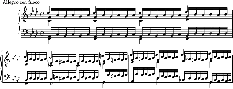 
\version "2.18.2"
\header {
  tagline = ##f
}
upper = \relative c' {
  \clef treble 
  \key f \minor
  \time 4/4
  \tempo 4 = 106
   %%Montgeroult — Étude 105 (pdf p. 168)
   << { \override NoteColumn.force-hshift = #-0.4 c'4 c c des des c2 e4 f f f g } \\ { \override NoteColumn.force-hshift = #0 \omit TupletNumber \stemUp \repeat unfold 3 { \tuplet 3/2 { f,16 aes g aes g aes } } \repeat unfold 2 { \tuplet 3/2 { g16 bes aes bes aes bes }} \repeat unfold 2 { \tuplet 3/2 { e,16 g fis g fis g }} \tuplet 3/2 { g16 bes a bes a bes } \tuplet 3/2 { aes16 c b c b c } \tuplet 3/2 { aes16 des c des c des } \tuplet 3/2 { g,16 bes a bes a bes } \tuplet 3/2 { bes16 des c des c des } } \\ { \stemDown c,4 c c des des c c e! f f \once \override NoteColumn.force-hshift = #0 g g } >>
}
lower = \relative c {
  \clef bass
  \key f \minor
  \time 4/4
   << { \omit TupletNumber \repeat unfold 3 { \tuplet 3/2 { aes16 c bes c bes c } } \repeat unfold 2 { \tuplet 3/2 { bes des c des c des } } \tuplet 3/2 { c e dis e dis e } \tuplet 3/2 { bes e dis e dis e } \tuplet 3/2 { g,16 g' fis g fis g }  } \\ { \repeat unfold 5 { f,4 } f2 g4 } >>
   << { \omit TupletNumber \tuplet 3/2 { aes16 aes' g aes g aes } \tuplet 3/2 { des, f ees f ees f } \tuplet 3/2 { bes, des c des c des } \tuplet 3/2 { g, bes aes bes aes bes} } \\ { aes4 des bes! g } >>
}
  \header {
    piece = "Allegro con fuoco"
  }
\score {
  \new PianoStaff <<
    \new Staff = "upper" \upper
    \new Staff = "lower" \lower
  >>
  \layout {
    \context {
      \Score
      \remove "Metronome_mark_engraver"
    }
  }
  \midi { }
}
