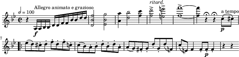 
\relative c'' {
  \version "2.18.2"
  \key bes \major
  \time 2/2
  \tempo 2 = 100
  \tempo "Allegro animato e grazioso"
  r4 a,16 \f ^\markup {Allegro animato e grazioso} a bes bes d d f f bes bes d d
  <d, bes' f'>2 < ees bes' g'>
  <a a'>4 <d bes'>2 <f c'>4 
  <f d'>2^> ^ \markup {\italic ritard.} <e e'>^> <f f'>1^>  ~ <f f'>4 r  \fermata r\fermata c8-. \p ^\markup {a tempo} (cis8-.)
 \bar ".|:" ees (d) cis-.d-. f-. d-. f-. c-.
  c (bes) a-. bes-. d-. bes-. d-. a-.
  a (g) fis-. g-. d'-. g,-.
  d' (f,) c' (e,) f4 f8-. f-.\p f4-. r r
}
