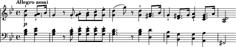 
\version "2.18.2"
<<
  \new Staff  \relative c'' {
         \clef "treble" 
         \tempo "Allegro assai"
         \key bes \major
         \time 4/4     
      \partial 2 <g d'-!>4 \p <g a-!>8. bes16
      g4 r8 g-. <g a-.> <g bes-.> <g c-.> <g ees'-.>      
      <g d'>4 (g'8) r <g, d'-!>4 <fis a>8. bes16
      g4-! <d fis> 8. g16 <ees a-!>4 <c ees g>8. a'16
      <a, c d>2           
}
 \new Staff \relative c' {      
         \clef "bass" 
         \key bes \major
         \time 4/4 
         \tempo 4 = 150
        \partial 2  <g bes d>4 <g c ees>
        <g bes d> r8 <g bes d-.>8 <g c ees-.> <g c ees-.> <g c ees-.> <g c ees-.>
        <g bes d>4. r8 <g bes d>4 <d d'>
        <ees bes'> <bes g'> <c g'> <a a'> fis2
 }
>>
