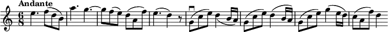 
\new Staff \with {midiInstrument = #"violin"} {
  \relative c'' {
  \key c \major
  \numericTimeSignature
  \time 6/8
  \tempo "Andante"
  e4. f8( d b)
  a'4. g~
  g8 f( e) d( a f')
  e4.( d4) r8
  g,\downbow( c e) d4_( b16 a)
  g8( c e) d4( b16 a)
  g8( c e) g4( e16 d)
  c8( a f') d4
  }
}
  \midi {
    \context {
      \Score
      tempoWholesPerMinute = #(ly:make-moment 80 8)
    }
  }
