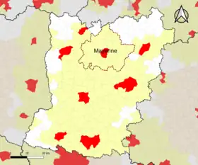 Localisation de l'aire d'attraction de Mayenne dans le département de la Mayenne.