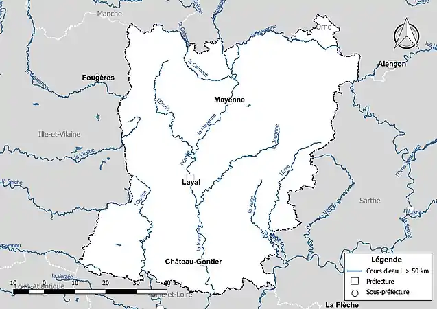 Carte des cours d'eau de longueur supérieure à 50 km de la Mayenne.