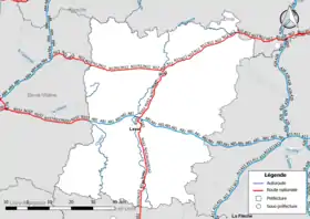 Carte du réseau routier national (autoroutes et routes nationales) dans le département de la Mayenne