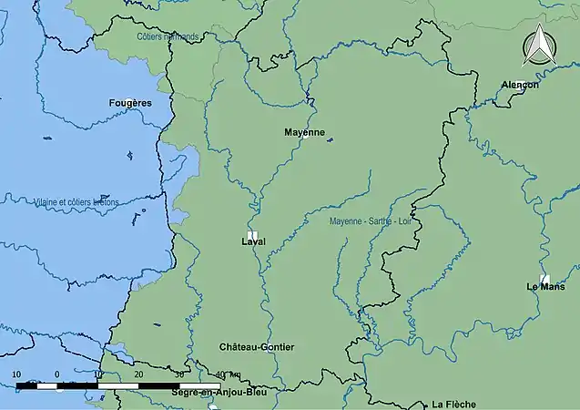 La Mayenne est découpée en trois sous-bassins : « Mayenne-Sarthe-Loire », « Vilaine et côtiers bretons » et « Côtiers normands ».