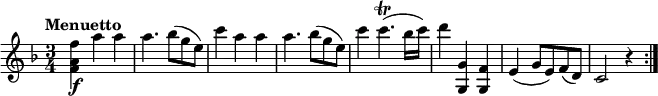 
\relative c'' {
  \version "2.18.2"
  \tempo "Menuetto"
  \key f \major
  \time 3/4
  \tempo 4 = 120
  <f, a f'>4\f a' a
  a4. bes8 (g e)
  c'4 a a
  a4. bes8 (g e)
  c'4 c4.\trill (bes16 [c])
  d4 <g,,, g'> <g f'>
  e' (g8 (e) f (d)
  c2 r4 \bar ":|."
}
