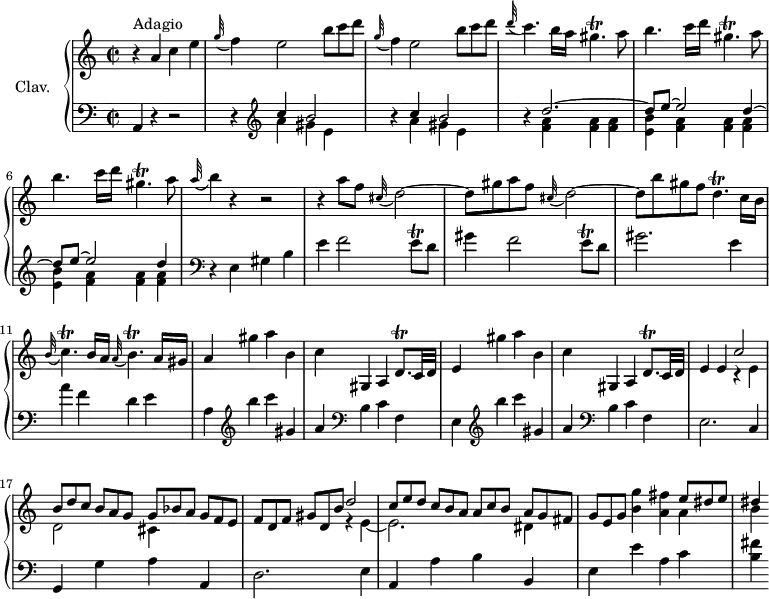 
\version "2.18.2"
\header {
  tagline = ##f
  % composer = "Domenico Scarlatti"
  % opus = "K. 109"
  % meter = "Adagio"
}
%% les petites notes
trillGisp       = { \tag #'print { gis4.\trill } \tag #'midi { a32 gis a gis~ gis4 } }
trillGispDown   = { \tag #'print { gis,4.\trill } \tag #'midi { a32 gis a gis~ gis4 } }
trillCp         = { \tag #'print { c4.\trill } \tag #'midi { a32 gis a gis~ gis4 } }
trillBp         = { \tag #'print { b4.\trill } \tag #'midi { c32 b c b~ b4 } }
trillDp         = { \tag #'print { d4.\trill } \tag #'midi { e32 d e d~ d4 } }
trillEq         = { \tag #'print { e8\trill } \tag #'midi { f32 e f e } }
trillDqp        = { \tag #'print { d8.\trill } \tag #'midi { e32 d e d~ d16 } }
upper = \relative c'' {
  \clef treble 
  \key a \minor
  \time 2/2
  \tempo 2 = 56
  \set Staff.midiInstrument = #"harpsichord"
  \override TupletBracket.bracket-visibility = ##f
      s8*0^\markup{Adagio}
      r4 a4 c e | \repeat unfold 2 { \appoggiatura g32 f4 e2 \omit TupletNumber \times 2/3 { b'8 c d } } | \appoggiatura d32 c4. b16 a \trillGisp a8 |
      % ms. 5
      \repeat unfold 2 { b4. c16 d \trillGispDown a8 } | \appoggiatura a32 b4 r4 r2 | r4 a8 f \appoggiatura cis32 d2~ |
      % ms. 9
      d8 gis a f \appoggiatura cis32 d2~ | d8 b' gis f \trillDp c16 b | \appoggiatura b32 \trillCp b16 a \appoggiatura a32 \trillBp a16 gis | a4 gis' a b, |
      % ms. 13
      c4 gis, a \trillDqp c32 d | e4 gis' a b, | c gis, a  \trillDqp c32 d | e4 e << { c'2 } \\ { r4 e, } >>
      % ms. 17
      << { \omit TupletNumber \times 2/3 { b'8 d c } \times 2/3 { b8[ a g] } \times 2/3 { g8 bes a } \times 2/3 { g8[ f e] } } \\ { d2 cis4 } >> | \omit TupletNumber \times 2/3 { f8[ d f] } \times 2/3 { gis8 d b' } << { d2 | \omit TupletNumber \times 2/3 { c8[ e d] } \times 2/3 { c8 b a }  \times 2/3 { a8[ c b] }  \times 2/3 { a8 g fis } } \\ { r4 e4~ | e2. dis4 } >>
      % ms. 20
      \times 2/3 { g8 e g } < b g' >4 < a fis' > << { \omit TupletNumber \times 2/3 { e'8 dis e } | dis4 } \\ { a4 | b} >>
}
lower = \relative c' {
  \clef bass
  \key a \minor
  \time 2/2
  \set Staff.midiInstrument = #"harpsichord"
  \override TupletBracket.bracket-visibility = ##f
    % ************************************** \appoggiatura a16  \repeat unfold 2 {  } \times 2/3 { }   \omit TupletNumber 
      a,4 r4 r2 | \repeat unfold 2 { r4   \clef treble << { c''4 b2 } \\ { a4 gis e } >> } | r4 << { d'2.~ | \repeat unfold 2 { d8 e~ e2 d4~ } } \\ { < f, a >4 q q | \repeat unfold 2 { < e b' > < f a > q q } } >>   \clef bass
      % ms. 7
      r4 e,4 gis b | e f2 \trillEq d8 | 
      % ms. 9
      gis4 f2 \trillEq d8 | gis2. e4 | a f d e | a, \clef treble b''4 c gis, |
      % ms. 13
      a4   \clef bass b, c f, |  e \clef treble b'''4 c gis, | a4   \clef bass b, c f, | e2. c4 |
      % ms. 17
      g4 g' a a, | d2. e4 | a, a' b b, |
      % ms. 20
      e4 e' a, c | < b fis' >4
}
thePianoStaff = \new PianoStaff <<
    \set PianoStaff.instrumentName = #"Clav."
    \new Staff = "upper" \upper
    \new Staff = "lower" \lower
  >>
\score {
  \keepWithTag #'print \thePianoStaff
  \layout {
      #(layout-set-staff-size 17)
    \context {
      \Score
     \override SpacingSpanner.common-shortest-duration = #(ly:make-moment 1/2)
      \remove "Metronome_mark_engraver"
    }
  }
}
\score {
  \keepWithTag #'midi \thePianoStaff
  \midi { }
}
