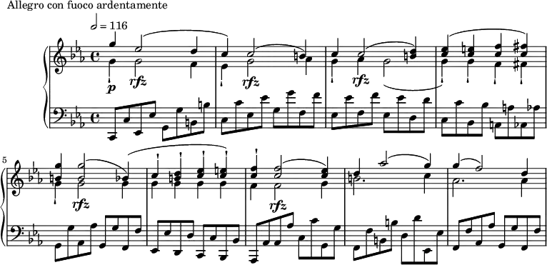 
\version "2.18.2"
\header {
  tagline = ##f
}
upper = \relative c'' {
  \clef treble 
  \key c \minor
  \time 4/4
  \tempo 2 = 116
   %%Montgeroult — Étude 74 (pdf p. 27)
   << { g'4\p ees2(\rfz d4 c) c2( b4) c c2\rfz( < d b >4) < ees c >( < e c > < f c > < fis c >) < g b, > q2( bes,4) ( c-! < d b >-! < ees c >-! < e c >-!) < f c >4-! q2( < ees c >4) d4 aes'2( g4) g4( f2) d4 } 
   \\ { g,4-! g2 f4 ees-! g2\rfz aes4 g-! aes g2( g4-!) g-! f-! fis-! g-! g2\rfz g4 g g g g f f2\rfz g4 b2. c4 aes2. aes4 } >>
}
lower = \relative c {
  \clef bass
  \key c \minor
  \time 4/4
   c,8 c' ees, ees' g, g' b, b' | c, c' ees, ees' g, g' f, f' | ees, ees' f, f' ees, ees' d, d' |
   c,8 c' bes, bes' a, a' aes, aes' | g, g' aes, aes' g, g' f, f' | ees, ees' d, d' c, c' bes, bes' |
   aes, aes' aes aes' c, c' g, g' | f, f' b, b' d, d' ees,, ees' | f, f' aes, aes' g, g' f, f' |
}
  \header {
    piece = "Allegro con fuoco ardentamente"
  }
\score {
  \new PianoStaff <<
    \new Staff = "upper" \upper
    \new Staff = "lower" \lower
  >>
  \layout {
    \override TupletBracket.bracket-visibility = ##f
    \context {
      \Score
      %\remove "Metronome_mark_engraver"
    }
  }
  \midi { }
}
