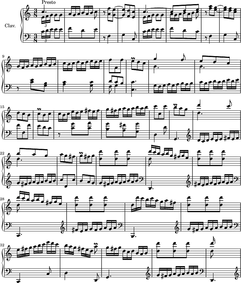 
\version "2.18.2"
\header {
  tagline = ##f
  % composer = "Domenico Scarlatti"
  % opus = "K. 423"
  % meter = "Presto"
}
%% les petites notes
trillEq       = { \tag #'print { e8\prall } \tag #'midi { \times 2/3 { f32 e f } e16 } }
trillCq       = { \tag #'print { c8\prall } \tag #'midi { \times 2/3 { d32 c d } c16 } }
trillBq       = { \tag #'print { b8\prall } \tag #'midi { \times 2/3 { c32 b c } b16 } }
trillGq       = { \tag #'print { g8\prall } \tag #'midi { \times 2/3 { a32 g a } g16 } }
trillAqUp     = { \tag #'print { a'8\prall } \tag #'midi { \times 2/3 { b32 a b } a16 } }
upper = \relative c'' {
  \clef treble 
  \key c \major
  \time 3/8
  \tempo 4. = 60
  \set Staff.midiInstrument = #"harpsichord"
      s8*0^\markup{Presto}
      << { c4. } \\ { \times 2/3 { e,16[ f g] } g8 g  } >> | \omit TupletNumber \times 2/3 { a16 g a b[ a b] } c8 |
      r8 < a f' >8 < g e' >~ | q < f d' > < e c' > | << { c'4.~ | c8 d e  } \\ { \omit TupletNumber \times 2/3 { e,16[ f g] } g8 g | \times 2/3 { a16 g a b[ a b] } c8 } >>
      % ms. 7
      r8 < f a >8 < e g >~ | q < d f > < c e > | \times 2/3 { g16[ f g]  a g a  b[a b] | c b c d[ c d] e d e } | f8 f, f' | \trillEq d8 c |
      % ms. 13
      << { g'4 f8 | e d c } \\ { g4. g } >> | d'8 c b | \trillCq b8 c | \times 2/3 { c16[ b c]  e d e  fis[ e fis] | g fis g a[ g a] b a b } |
      % ms. 19
      c8 c, c' | \trillBq a8 g | << { d'4 c8 | b a g } \\ { d4. d } >> | a'8 g fis | \trillGq fis8 g |
      % ms. 25
      < d d' >8 q q | \repeat unfold 2 { << { \omit TupletNumber \times 2/3 { d'16[ c b]  a b g  fis[ g e] } } \\ { d8 } >> | < d d' >8 q q }
      % ms. 30
      \times 2/3 { d16[ d' c]  b c a  g[ a fis] } | < d d' >8 q q | \times 2/3 { e16 fis g  a[ b c]  e d c | b a g fis[ e d] } \trillAqUp | \times 2/3 { g16 fis g  d[ c d]  b a b } |
      % ms. 35
      < d d' >8 q q | << { \omit TupletNumber \times 2/3 { d'16 s8 } } \\ { d,8 } >>
}
lower = \relative c' {
  \clef bass
  \key c \major
  \time 3/8
  \set Staff.midiInstrument = #"harpsichord"
    % ************************************** \appoggiatura a16  \repeat unfold 2 {  } \times 2/3 { }   \omit TupletNumber 
      \times 2/3 { c16[ d e] } e8 e | f d e | r8 f,4 | g c,8 | \omit TupletNumber  \times 2/3 { c'16[ d e] } e8 e | f d c |
      % ms. 7
      r8 f,4 | g c,8 | r8 < c' e >8 < b g > | < a c >4 < g c >8 | << { d'8 c b } \\ { f8 g4 } >> | < c, c' >4.
      % ms. 13
      \times 2/3 { g'16[ f g]  a g a  b[a b] | c b c d[ c d] e d e } | f8 f, f' | e d c | r8 < c g' >8 < c a' > | < b g' > < a fis' > < g g' >
      % ms. 19
      d4 d'8 | g,,4.   \clef treble  | \times 2/3 { d''16[ c d]  e d e  fis[ e fis] | g fis g a[ g a] b a b } | c8 d, c'  | b a g |
      % ms. 25
      \times 2/3 { g16 fis g a[ g a] b a b }   \clef bass |
      d,,,4.  \clef treble  |
      \times 2/3 { fis''16 e fis g[ fis g] a g a }   \clef bass |
      c,,,4. \clef treble  |
      \times 2/3 { fis''16 e fis g[ fis g] a g a }   \clef bass |
      % ms. 30
      b,,,4. \clef treble  |
      \times 2/3 { g'''16 fis g a[ g a] b a b } \clef bass |
      c,,,4 c'8 | d4 d,8 | g4.  \clef treble  | 
      % ms. 35
      \times 2/3 { g''16 fis g a[ g a] b a b } \clef bass |
      d,,,4.  \clef treble  |
}
thePianoStaff = \new PianoStaff <<
    \set PianoStaff.instrumentName = #"Clav."
    \new Staff = "upper" \upper
    \new Staff = "lower" \lower
  >>
\score {
  \keepWithTag #'print \thePianoStaff
  \layout {
      #(layout-set-staff-size 17)
    \context {
      \Score
     \override TupletBracket.bracket-visibility = ##f
     \override SpacingSpanner.common-shortest-duration = #(ly:make-moment 1/2)
      \remove "Metronome_mark_engraver"
    }
  }
}
\score {
  \keepWithTag #'midi \thePianoStaff
  \midi { }
}
