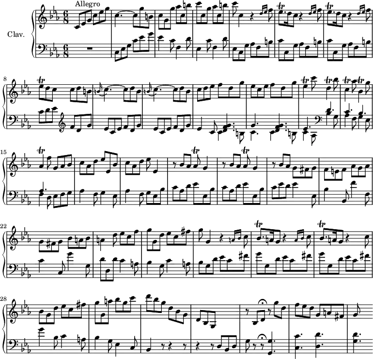 
\version "2.18.2"
\header {
  tagline = ##f
  % composer = "Domenico Scarlatti"
  % opus = "K. 129"
  % meter = "Allegro"
}
%% les petites notes
trillEesqp       = { \tag #'print { ees8.\trill } \tag #'midi { f32 ees f ees~ ees16 } }
trillEesq        = { \tag #'print { ees8\trill } \tag #'midi { f32 ees f ees } }
trillEes         = { \tag #'print { ees4\trill } \tag #'midi { f32 ees f ees~ ees8 } }
trillDDown       = { \tag #'print { d,4\trill } \tag #'midi { ees32 d ees d~ d8 } }
trillCDown       = { \tag #'print { c,4\trill } \tag #'midi { d32 c d c~ c8 } }
trillBesDown     = { \tag #'print { bes,4\trill } \tag #'midi { c32 bes c bes~ bes8 } }
trillAesDown     = { \tag #'print { aes,4\trill } \tag #'midi { bes32 aes bes aes~ aes8 } }
trillAesq        = { \tag #'print { aes8\trill } \tag #'midi { bes32 aes bes aes } }
trillBesqp       = { \tag #'print { bes8.\trill } \tag #'midi { c32 bes c bes~ bes16 } }
upper = \relative c'' {
  \clef treble 
  \key c \minor
  \time 6/8
  \tempo 4. = 88
  \set Staff.midiInstrument = #"harpsichord"
  \override TupletBracket.bracket-visibility = ##f
      s8*0^\markup{Allegro}
      c,8 ees g c ees g | c,4.~ c8 g' b, | c g g'  aes c, b' | c c, g' aes c, b' |
      % ms. 5
      c8 c,4 r4 \grace {   \tempo 4. = 50 d16 ees }   \tempo 4. = 88 f8 | \repeat unfold 2 { \trillEesqp d16 c8 r4 \grace {   \tempo 4. = 50 d16 ees }   \tempo 4. = 88 f8 } | \trillEesq d c c d b |
      % ms. 9
      \repeat unfold 2 { \appoggiatura b16 c4.~ c8 d b } | c8 d ees f d g | ees c ees f d g | \trillEes c'8 \trillDDown bes'8 |
      % ms. 14
      \trillCDown aes'8 \trillBesDown g'8 | \trillAesDown f'8 g,8 aes bes | c aes d ees ees, bes' | c aes d ees ees,4 | \repeat unfold 2 { r8 bes'8 aes \trillAesq g4 } |
      % ms. 20
      r8 bes8 aes << {} \\ { g8 fis g | f e f aes g aes | g fis g bes a bes | a4 } >> d8 | ees c f |
      % ms. 24
      g8 g, d' ees c fis | g8 g,4 \repeat unfold 2 { r4 \grace {   \tempo 4. = 50 a16 bes }   \tempo 4. = 88 c8 | \trillBesqp a16 g8 } r4 c8 |
      % ms. 28
      bes8 g d' ees c fis | g g, a' bes g c | d bes g d bes g | d bes g s4. | r8 bes \tempo 4. = 20 d8\fermata  \tempo 4. = 88 r8 g' d |
      % ms. 33
      f8 ees d g, a fis | g8 s4
}
lower = \relative c' {
  \clef bass
  \key c \minor
  \time 6/8
  \set Staff.midiInstrument = #"harpsichord"
  \override TupletBracket.bracket-visibility = ##f
    % ************************************** \appoggiatura a16  \repeat unfold 2 {  } \times 2/3 { }   \omit TupletNumber 
      R2. | c,8 ees g c ees g | ees4 c8 f,4 d'8 | ees,4 c'8 f,4 d'8 |
      % ms. 5
      ees,8 c g' aes f b | \repeat unfold 2 { c c, g' aes f b } | c8 d ees   \clef treble  f d g |
      % ms. 9
      \repeat unfold 2 { ees8 c ees f d g } | ees4 c8 << { < d f g >4. | g4. < d f g > | ees } \\ { c4 b8 | c4. c4 b8 | c4 aes8 } >>   \clef bass 
      % ms. 13 suite
      << { d4. | c bes | aes } \\ { bes4 g8 | aes4 f8 g4 ees8 | f4 d8 } >> ees8 f g | aes4 f8 g4 ees8 | aes4 f8 g ees bes' |
      % ms. 18
      \repeat unfold 2 { c aes d ees ees, bes' } | c8 ees d ees4 ees,8 | bes'4 bes,8 f''4 f,8 | c'4 c,8 g''4 g,8 | d'8 d, d' c4 a8 |
      % ms. 24
      bes4 g8 c4 a8 | bes g d' ees c fis | \repeat unfold 2 { g8 g, d' ees c fis } |
      % ms. 28
      g4 bes,8 c4 a8 | bes4 g8 ees4 c8 | bes4 r8 r4 r8 | r4 r8 d8 bes d | g r8 r8\fermata < g, g' >4.
      % ms. 33
      < c c' >4. < d d' > | < g d' > 
}
thePianoStaff = \new PianoStaff <<
    \set PianoStaff.instrumentName = #"Clav."
    \new Staff = "upper" \upper
    \new Staff = "lower" \lower
  >>
\score {
  \keepWithTag #'print \thePianoStaff
  \layout {
      #(layout-set-staff-size 17)
    \context {
      \Score
     \override SpacingSpanner.common-shortest-duration = #(ly:make-moment 1/2)
      \remove "Metronome_mark_engraver"
    }
  }
}
\score {
  \keepWithTag #'midi \thePianoStaff
  \midi { }
}
