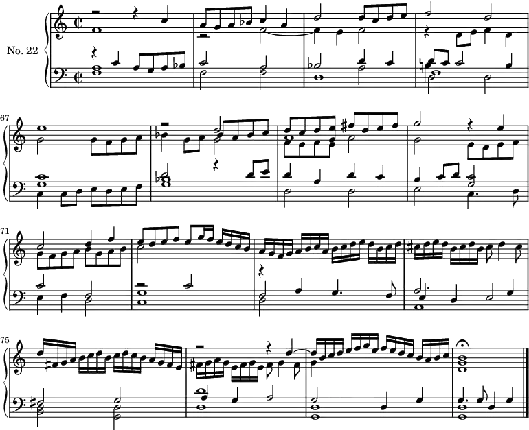 
\version "2.14.2"
\header {
  tagline = ##f
}
upper = \relative c' {
  \clef treble 
  \key a \minor
  \time 2/2
  \tempo 2 = 78
  \autoBeamOff
  \set Score.currentBarNumber = #63
  \set Staff.midiInstrument = #"harpsichord"
    << { r2 r4 c'4 a8 g a bes c4 a d2 d8 c d e f2 d e1 } \\ { f,1 r2 f2~ f4 e f2 r4 d8 e f4 d g2 g8 f g a } >>
    << { r2 d2 d8 c d < e g, >8 fis d e fis g2 r4 e4 c2 d4 f e8 d e f e8[ g16 f] e16 d c b } \\ { bes4 g8 a g2 f8 e f e a2 g e8 d e f g8 f g a b g a b c2 } \\ { s2 bes8 a bes c a1 }  >>
    a16[ g f g] a[ b c a] b[ c d e] d[ b c d] cis[ d e d] b[ cis d b] cis8 d4 cis8 | d16[ fis, g a] b[ c d b] c[ d c b] a[ g fis e] 
   << { r2 r4 d'4~ d16[ b c d] e f g e f[ e d c] b[ a b c] < b g >1\fermata } \\ { fis16[ g a g] e[ fis g e] fis8 g4 fis8 g4 s2. d1 } >>
}
lower = \relative c {
  \clef bass
  \key a \minor
  \time 2/2
  \set Staff.midiInstrument = #"harpsichord"
    << { r4 c'4 a8 g a bes c2 a bes d4 c  } \\ { < a f >1 f2 f d1 } \\ { s1 s1 s2 \stemDown a'2 } >>
    << { d8 c c2 b4 } \\ { d,2 d } \\ { f1 } \\ { b!4 } >>
    << { < c g >1 d2 r4 d8 e d4 a d c b c8 d < c g >2 c2 f, r2 c'2 } \\ { c,4 c8 d e d e f < bes g >1 | d,2 d e c4. d8 e4 f d2 < g c, >1 } >>
    % ms. 73
    << { r4 a4 g4. f8 } \\ { d2 } \\ { f2 } >>
    << { a2. g4 fis2 g2 } \\ { a,1 < d b >2 < d g, >2 } \\ { e4 d e2 } >>
    << { d'1 g,2 d4 g g4. g8 d4 g } \\ { d1 < d g, >1 < d g, > } \\ { a'4 g a2 } >>
    \bar "|."
}
\score {
  \new PianoStaff <<
    \set PianoStaff.instrumentName = #"No. 22"
    \new Staff = "upper" \upper
    \new Staff = "lower" \lower
  >>
  \layout {
    \context {
      \Score
      \remove "Metronome_mark_engraver"
    }
  }
  \midi { }
}
