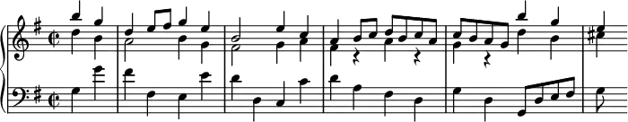 
\version "2.18.2"
\header {
  tagline = ##f
}
upper = \relative c'' {
  \clef treble 
  \key g \major
  \time 2/2
  \tempo 2 = 88
  \set Staff.midiInstrument = #"harpsichord"
   \partial 2
  << { b'4 g     d e8 fis g4 e     b2 e4 c     a4 b8 c d b c a     c b a g b'4 g e } \\ { d4 b a2 b4 g fis2 g4 a fis r4 a r4 g r4 d' b cis } >>
}
lower = \relative c' {
  \clef bass
  \key g \major
  \time 2/2
  \set Staff.midiInstrument = #"harpsichord"
   g4 g' fis fis, e e' d d, c c' d a fis d g d g,8 d' e fis  g
} 
\score {
  \new PianoStaff <<
    \set PianoStaff.instrumentName = #""
    \new Staff = "upper" \upper
    \new Staff = "lower" \lower
  >>
  \layout {
    \context {
      \Score
      \remove "Metronome_mark_engraver"
    }
  }
  \midi { }
}
