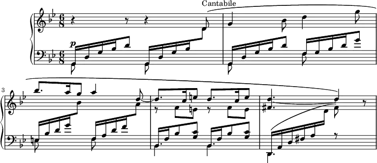 
\version "2.18.2"
\header {
  tagline = ##f
}
upper = \relative c' {
  \clef treble 
  \key g \minor
  \time 6/8
  \tempo 4. = 52
  \tempo "Andantino quasi allegretto"
  \set Staff.midiInstrument = #"flute"
   % Fauré, op. 78
   r4 r8 r4 d8^\markup{Cantabile}\( | g4 bes8 d4 g8 \stemUp bes8. a16 g8 a4 d,8~ d8.c16 e8 d8.c16 e8 < d fis, >4.~ d4\) r8  
}
lower = \relative c {
  \clef bass
  \key g \minor
  \time 6/8
  \set Staff.midiInstrument = #"orchestral harp" % A FAIRE : la voix upper doit sonner en harpe
   << 
   % Arpèges
   { g16 d' g bes d8 g,,16 d' g bes \stemDown \change Staff = "upper" d8  \stemUp \change Staff = "lower" g,,16 d' g bes d8  f,16 g bes d g8   e,16 bes' d g  \stemDown \change Staff = "upper" bes8 \stemUp \change Staff = "lower" f,16 a d f \stemDown \change Staff = "upper" a8 \stemUp \change Staff = "lower" \repeat unfold 2 { bes,,16  f' bes8 < g c >8 } d,16\( a' d fis a \stemDown \change Staff = "upper" d16 fis8\) } 
  % juste les notes accompagnement sur upper
 \\ { \stemDown \change Staff = "upper" s4.*4 s4 s8 s4 s8 r8 f8 e r8 f8 e } 
  % Basse
 \\ { \stemDown g,,8^\p s4 g8 s4 | g8 s4 f'8 s4 e8 s4 f8 s4 \mergeDifferentlyDottedOn bes,4. bes d, r8 s4 } >>
} 
\score {
  \new PianoStaff <<
    \set PianoStaff.instrumentName = #""
    \new Staff = "upper" \upper
    \new Staff = "lower" \lower
  >>
  \layout {
    \context {
      \Score
      \remove "Metronome_mark_engraver"
     % \override SpacingSpanner.common-shortest-duration = #(ly:make-moment 1/3)
    }
  }
  \midi {
    \context {
      \Staff
      \remove "Staff_performer"
    }
  \context {
      \Voice
      \consists "Staff_performer"
    } }
}
