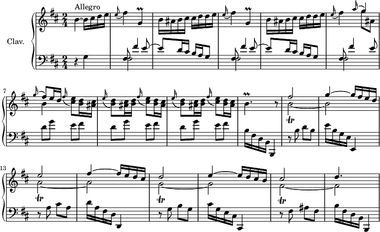 
\version "2.18.2"
\header {
  tagline = ##f
  % composer = "Domenico Scarlatti"
  % opus = "K. 173"
  % meter = "Allegro"
}
%% les petites notes
trillGDown     = { \tag #'print { g,4\prall } \tag #'midi { a64 g a g~ g16~ g8 } }
trillBp        = { \tag #'print { b4.\prall } \tag #'midi { cis64 b cis b~ b16 b4 } }
trillBb        = { \tag #'print { b2\trill~ } \tag #'midi { cis32 b cis b~ b8~ b4~ } }
trillAb        = { \tag #'print { a2\trill~ } \tag #'midi { b32 a b a~ a8~ a4~ } }
trillFisb      = { \tag #'print { fis2\trill~ } \tag #'midi { g32 fis g fis~ fis8~ fis4~ } }
trillGbDown    = { \tag #'print { g,2\trill~ } \tag #'midi { a32 g a g~ g8~ g4~ } }
upper = \relative c'' {
  \clef treble 
  \key b \minor
  \time 2/4
  \tempo 4 = 78
  \set Staff.midiInstrument = #"harpsichord"
  \override TupletBracket.bracket-visibility = ##f
      s8*0^\markup{Allegro}
      b4~ b16 cis d e | \appoggiatura e8 fis4 \trillGDown | b16 ais b cis cis d d e | \appoggiatura e16 fis4 \trillGDown |
      % ms. 5
      b16 ais b cis cis d d e | \appoggiatura e16 fis4  << { \appoggiatura a16 \stemUp g4 | \appoggiatura g16 fis8[ e16 d] } \\ { g8 ais, | b4 } >> \appoggiatura fis'16 < cis e >8 < b d >16 < ais cis > | \repeat unfold 2 { \appoggiatura e'16 < b d >8 < ais cis >16 < b d > | \appoggiatura fis'16 < cis e >8 < b d >16 < ais cis > } |
      % ms. 10
      \trillBp r8 | << { fis'2 | g4~ g16 fis e d | e2 | fis4~ fis16 e d cis } \\ { \trillBb b2 | \trillAb a2 } >>
      % ms. 15
      << { d2 | e4~ e16 d cis b | cis2 | d4. } \\ { \trillGbDown g2 | \trillFisb fis2 } >>
      % ms. 20
}
lower = \relative c' {
  \clef bass
  \key b \minor
  \time 2/4
  \set Staff.midiInstrument = #"harpsichord"
  \override TupletBracket.bracket-visibility = ##f
    % ************************************** \appoggiatura a16  \repeat unfold 2 {  } \times 2/3 { }   \omit TupletNumber 
      r4 g4 | \repeat unfold 2 { << { fis8 fis'4 e8~ | e d16 cis b a g8 } \\ { fis2 } >> }
      % ms. 6
      << { fis8 fis'4 e8 } \\ { fis,2 } >> | \repeat unfold 3 { d'8 g e fis } |
      % ms. 10
      b,16 fis d b b,4 | r8 b''8 d b | e16 b g e e,4 | r8 a'8 cis a | d16 a fis d d,4 |
      % ms. 15
      r8 g'8 b g | cis16 g e cis cis,4 | r8 fis'8 ais fis | b16 fis d b b,4 |
      % ms. 20
}
thePianoStaff = \new PianoStaff <<
    \set PianoStaff.instrumentName = #"Clav."
    \new Staff = "upper" \upper
    \new Staff = "lower" \lower
  >>
\score {
  \keepWithTag #'print \thePianoStaff
  \layout {
      #(layout-set-staff-size 17)
    \context {
      \Score
     \override SpacingSpanner.common-shortest-duration = #(ly:make-moment 1/2)
      \remove "Metronome_mark_engraver"
    }
  }
}
\score {
  \keepWithTag #'midi \thePianoStaff
  \midi { }
}
