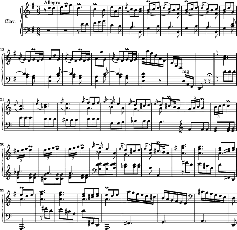 
\version "2.18.2"
\header {
  tagline = ##f
}
% petites notes
prallFisq = { \tag #'print { fis8\prall } \tag #'midi { g32 fis g fis } }
prallDp = { \tag #'print { d4.\prall } \tag #'midi { e32 d e d~ d8~ d8 } }
prallC = { \tag #'print { c4\prall } \tag #'midi { d32 c d c~ c8 } }
prallA = { \tag #'print { a4\prall } \tag #'midi { a32 b a b a8 } }
prallD = { \tag #'print { d4\prall } \tag #'midi { d32 e d e d8 } }
prallE = { \tag #'print { e4\prall } \tag #'midi { e32 f e f e8 } }
prallF = { \tag #'print { f4\prall } \tag #'midi { f32 g f g f8 } }
prallBqp = { \tag #'print { b8.\prall } \tag #'midi { c32 b c b~ b16 } }
prallEq = { \tag #'print { e8\prall } \tag #'midi { fis32 e fis~ fis } }
prallCqqp = { \tag #'print { c16\prall } \tag #'midi { \times 2/3 { c32 d c } } } % obligation d'enlever le point
prallGqqp = { \tag #'print { g16\prall } \tag #'midi { \times 2/3 { g32 a g } } } % obligation d'enlever le point
prallGisqqp = { \tag #'print { gis16.\prall } \tag #'midi { \times 2/3 { a32 gis a } gis~ gis16 } }
prallCisqqp = { \tag #'print { cis16.\prall } \tag #'midi { \times 2/3 { c32 d c~ } c~ } }
upper = \relative c'' {
  \clef treble 
  \key g \major
  \time 3/8
  \tempo 4. = 72
  \set Staff.midiInstrument = #"harpsichord"
  \override TupletBracket.bracket-visibility = ##f
      s8*0^\markup{Allegro}
      r8 d8 d | e \prallFisq g8 | \prallDp | \prallC b8 | e8 a, d | \acciaccatura d8 c8 b < a c > | \repeat unfold 2 { << { \prallBqp c16 d8 | \acciaccatura d8 c8 b c } \\ { g4.~ | g4 fis8 } >> }
      % ms. 11
      << { b8 d g, } \\ { g4 } >> \acciaccatura a8 g8 fis \prallGqqp fis32 g | a8 d g, | \acciaccatura a8 g8 fis \prallGqqp fis32 g |
      % ms. 15
      a8 g' g, | \acciaccatura a8 g8 fis \prallGqqp fis32 g | a16 a' fis d a fis d a fis s8. | s4. \bar "||"   \key c \major < a' c >4. \acciaccatura d8 < g, c >4. 
      % ms. 22
      \acciaccatura e'8 < bes d >4. \acciaccatura f'8 < a, e' >4. << { \acciaccatura g'8 \stemUp f8 e f | \acciaccatura g8 f8 e4 \acciaccatura e8 d8 cis d | \acciaccatura e8 d8 \prallCisqqp b32 \tempo 4. = 40 a8 } \\ { a4. | bes4 a8 | g4. | a8 } >> \tempo 4. = 70 \times 2/3 { g16 a b } \prallA
      % ms. 29
      \times 2/3 { b16 c d } \prallC | \times 2/3 { cis16 d e } \prallD | \times 2/3 { d16 e f } \prallE | \times 2/3 { e16 f g } \prallF  << { \acciaccatura g8 \stemUp f8 e4 | \acciaccatura e8 d8 cis d | \acciaccatura e8 d8 \prallCisqqp b32 a8 } \\ { bes4 a8 | g4. | a8 } >> \bar "||"   \key g \major
      % ms. 36
      \repeat unfold 2 { < a fis' a >4. | < a e' g > | << { < d fis >8 < cis e > < d fis > | \prallEq d e  } \\ { a,4. | a4.  } >> }
      % ms. 44
      a'16 g fis e d cis | b a g fis e d   \clef bass cis b a g fis e | d8
}
lower = \relative c' {
  \clef bass
  \key g \major
  \time 3/8
  \set Staff.midiInstrument = #"harpsichord"
    % **************************************
       R4.*2 | r8 d8 d | e fis g | c,4 b8 | \repeat unfold 2 { << { \mergeDifferentlyDottedOn a4. s4. } \\ { a4 d,8 | g4 b8 } >> } | << { \mergeDifferentlyDottedOn a4. s4 } \\ { a4 d,8 | g4 } >> \repeat unfold 2 { << { d'8~ d4 s4. } \\ { b8 | < a c >4 < g b >8 < d a' >4 } >> }  << { d'8~ d4 s4. } \\ { b8 | < a c >4 < g b >8 < d a' d >4 } >> r8 s8. d16^\markup{mg} a fis d8  \tempo 4. = 50 r8 r8\fermata |  \tempo 4. = 72 \key c \major \repeat unfold 3 { f''8 } \repeat unfold 3 { e } \repeat unfold 3 { d } \repeat unfold 3 { cis } \repeat unfold 3 { d } g, g a \repeat unfold 3 { bes } a4.   \clef treble \repeat unfold 3 { f'8 } < e g > q q << { bes'4. | a a } \\ { < d, g >8 q q | < cis g' > q q | < d f > q q } >>   \clef bass < g, d' e >8 q < a d e > < bes d > q q | a8  \tempo 4. = 40 a,4 |  \tempo 4. = 72
       % ms. 36
       \repeat unfold 2 { \stemDown r8 fis''8 d | e cis a | d \stemUp fis,, d a4. } fis'4. g a | d,8
}
thePianoStaff = \new PianoStaff <<
    \set PianoStaff.instrumentName = #"Clav."
    \new Staff = "upper" \upper
    \new Staff = "lower" \lower
  >>
\score {
  \keepWithTag #'print \thePianoStaff
  \layout {
      #(layout-set-staff-size 17)
    \context {
      \Score
     \override SpacingSpanner.common-shortest-duration = #(ly:make-moment 1/2)
      \remove "Metronome_mark_engraver"
    }
  }
}
\score {
  \keepWithTag #'midi \thePianoStaff
  \midi { }
}
