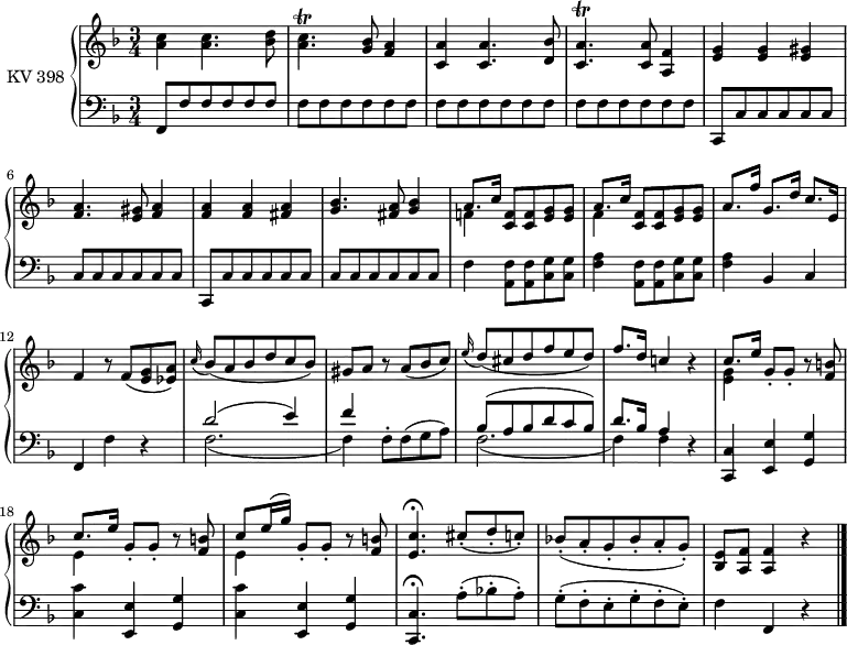 
\version "2.14.2"
\version "2.14.2"
\header {
  tagline = ##f
}
upper = \relative c'' { 
         \clef "treble"          
         \key f \major
         \time 3/4 
         \tempo 4 = 85                 
          \set Staff.midiInstrument = #"piano"
          <a c>4 <a c>4. <bes d>8
          <a c>4.\trill <g bes>8 <f a>4
          <c a'>4 <c a'>4. <d bes'>8
          <c a'>4.\trill <c a'>8 <a f'>4
          <e' g>4 <e g> <e gis>
          <f a>4. <e gis>8 <f a>4
          <f a>4 <f a> <fis a>
          <g bes>4. <fis a>8 <g bes>4
          <<{ \stemUp a8. c16} \\ {\stemDown f,!4}>> \stemUp <c f>8 <c f> <e g> <e g>
          <<{a8. c16} \\ {\stemDown f,4}>> \stemUp <c f>8 <c f> <e g> <e g>
          a8. f'16 g,8. d'16 c8. e,16
          f4 r8 f (<e g> <ees a>)
          \grace c'16 (bes8) (a bes d c bes)
          gis a r a (bes c)
          \grace e16 (d8) (cis d f e d)
          f8. d16 c!4 r
          <<{\stemUp c8. e16} \\ {\stemDown <e, g>4}>> g8-. g-. r <f b>
          <<{\stemUp c'8. e16} \\ {\stemDown e,4}>> g8-. g-. r <f b>
          <<{\stemUp c'8 e16 (g)} \\ {\stemDown e,4}>> g8-. g-. r <f b>
          <e c'>4. \fermata cis'8-. (d-. c-.)
          bes!-. (a-. g-. bes-. a-. g-.)
          <bes, e>8 <a f'> <a f'>4 r \bar "|."
}
lower = \relative c {
        \clef "bass" 
        \key f \major
        \time 3/4
        \set Staff.midiInstrument = #"piano"
        \set Staff.midiMinimumVolume = #0.2 \set Staff.midiMaximumVolume = #0.5
   f,8 f' \repeat unfold 22 {f}
   c, c'
   \repeat unfold 10 {c8 } 
   c, c' \repeat unfold 10 {c8 }
   f4 <a, f'>8 <a f'> <c g'> <c g'>
   <f a>4 <a, f'>8 <a f'> <c g'> <c g'>
   <f a>4 bes,4 c
   f, f' r
   <<{\stemDown f2. _(f4)} \\ {\stemUp d'2 ^ (e4) f}>>
   f,8-. f (g a)
   <<{\stemDown f2. _(f4) f} \\ {\stemUp bes8 ^ (a bes d c bes) d8. bes16 a4}>> r4
   <c,, c'> <e e'> <g g'>
   \repeat unfold 2 {<c c'> <e, e'> <g g'>}
   <c, c'>4.  \fermata a''8-. (bes!-. a-.)
   g-. (f-. e-. g-. f-. e-.)
   f4 f, r \bar "|."
}
\score {
  \new PianoStaff <<
    \set PianoStaff.instrumentName = #"KV 398"
    \new Staff = "upper" \upper
    \new Staff = "lower" \lower
  >>
  \layout {
    \context {
      \Score
      \remove "Metronome_mark_engraver"
    }
  }
  \midi { }
}
