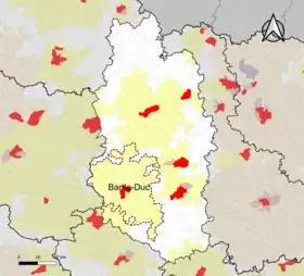 Localisation de l'aire d'attraction de Bar-le-Duc dans le département de la Meuse.