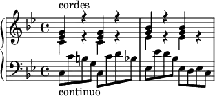 
\version "2.18.2"
\header {
  tagline = ##f
}
upper = \relative c' {
  \clef treble 
  \key bes \major
  \time 4/4
  \tempo ""
  \tempo 4 = 58
  %\override TupletBracket.bracket-visibility = ##f
   %% Scarlatti — Salve Regina [III] incipit
   << { < ees g >4-\markup{cordes} r4 q r4 < g bes > r4 q } \\ { c,4 r4 c r4 ees r4 ees r4 } >>
}
lower = \relative c { 
  \clef bass
  \key bes \major
  \time 4/4
   c8-\markup{continuo} c' b g c, c' d bes | ees, ees' d bes ees, d ees c 
}
\score {
  \new PianoStaff <<
    \new Staff = "upper" \upper
    \new Staff = "lower" \lower
  >>
  \layout {
    #(layout-set-staff-size 17)
    \context {
      \Score
       \override SpacingSpanner.common-shortest-duration = #(ly:make-moment 1/2)
    }
  }
  \midi { }
}
