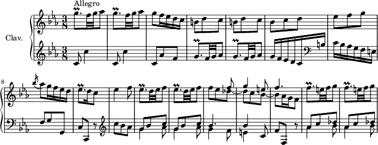 
\version "2.18.2"
\header {
  tagline = ##f
  % composer = "Domenico Scarlatti"
  % opus = "K. 303"
  % meter = "Allegro"
}
%% les petites notes
trillGqpUp     = { \tag #'print { g'8.\prall } \tag #'midi { a32 g a g~ g16 } }
trillGqp       = { \tag #'print { g8.\prall } \tag #'midi { a32 g a g~ g16 } }
trillEesqp     = { \tag #'print { ees8.\prall } \tag #'midi { f32 ees f ees~ ees16 } }
trillFqpUp     = { \tag #'print { f'8.\prall } \tag #'midi { g32 f g f~ f16 } }
upper = \relative c'' {
  \clef treble 
  \key c \minor
  \time 3/8
  \tempo 4. = 62
  \set Staff.midiInstrument = #"harpsichord"
  \override TupletBracket.bracket-visibility = ##f
      s8*0^\markup{Allegro}
      \repeat unfold 2 { \trillGqpUp f32 g aes8 } | g8 f16 ees d c | \repeat unfold 2 { b8 d c }
      % ms. 6
      bes8 c d | ees f g | \acciaccatura bes16 aes8 g16 f ees d | \trillEesqp d16 c8 | ees4 f8 | \repeat unfold 2 { \trillEesqp d32 ees f8 }
      % ms. 13
      << { s4 f8 | g4 e8 | f4. } \\ { f8 ees des~ | des c bes~ | bes aes16 g f8 } >> | \repeat unfold 2 { \trillFqpUp e32 f g8 }
      % ms. 18
      % ms. x
}
lower = \relative c' {
  \clef bass
  \key c \minor
  \time 3/8
  \set Staff.midiInstrument = #"harpsichord"
  \override TupletBracket.bracket-visibility = ##f
    % ************************************** 
        \clef treble \repeat unfold 2 { c8 c'4 } | c,8 aes' f | \repeat unfold 2 { \trillGqp f32 g aes8 } |
      % ms. 6
      g16 f ees d c   \clef bass b | c bes aes g f e | f8 g g, | c c, r8 |  \clef treble c'''8 bes aes | \repeat unfold 2 { << { g8 bes c } \\ { g4 aes8 } >> }
      % ms. 12
      << { bes4. | bes4 c,8 } \\ { g'4 f8 | e4 } >> f8 f, r8 | \repeat unfold 2 { << { aes'8 c des } \\ { aes4 bes8 } >> }
      % ms. 18
      % ms. x
}
thePianoStaff = \new PianoStaff <<
    \set PianoStaff.instrumentName = #"Clav."
    \new Staff = "upper" \upper
    \new Staff = "lower" \lower
  >>
\score {
  \keepWithTag #'print \thePianoStaff
  \layout {
      #(layout-set-staff-size 17)
    \context {
      \Score
     \override SpacingSpanner.common-shortest-duration = #(ly:make-moment 1/2)
      \remove "Metronome_mark_engraver"
    }
  }
}
\score {
  \keepWithTag #'midi \thePianoStaff
  \midi { }
}
